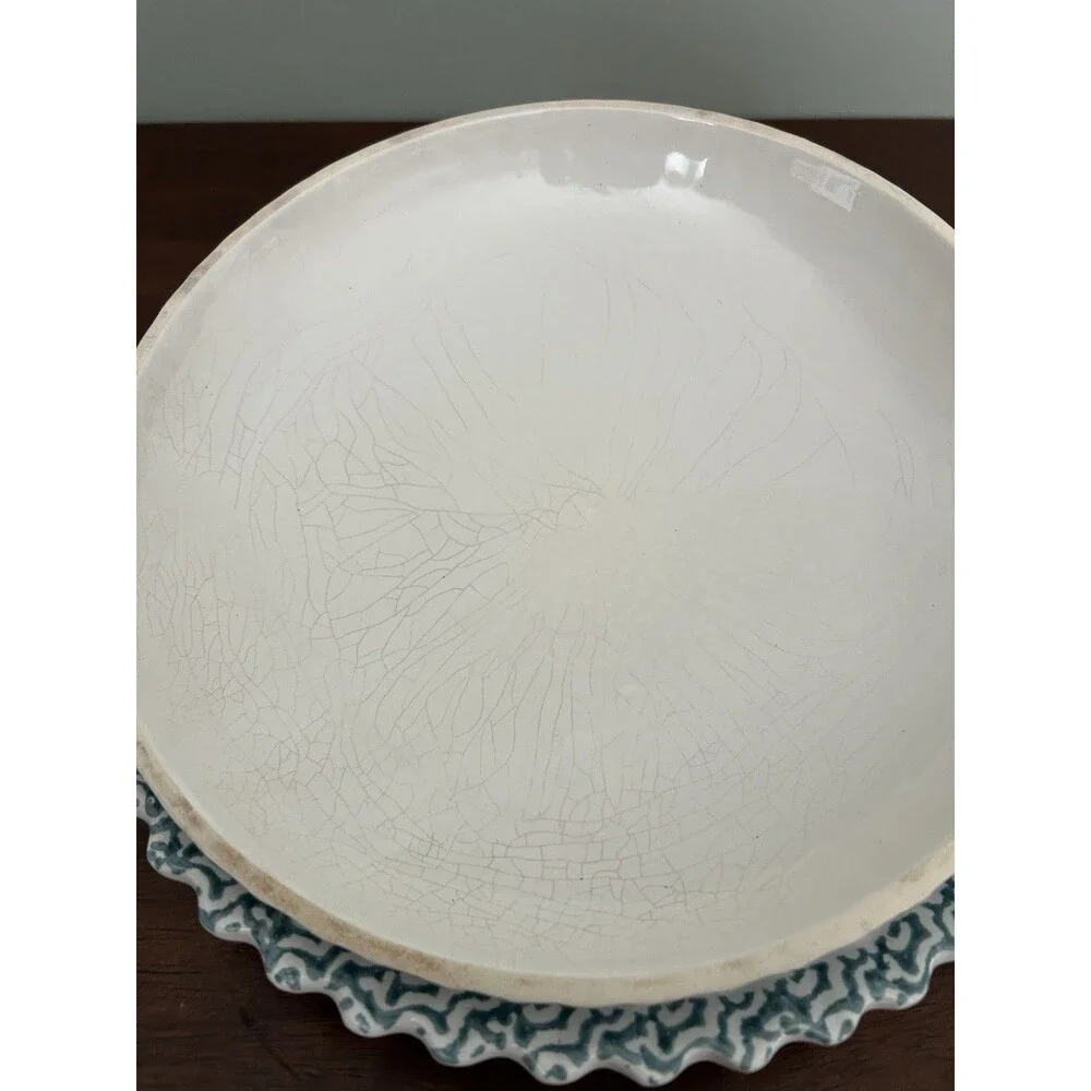 Blue Heart Spongeware 11”  Country Ceramic Pie Keeper Cottagecore Grannycore